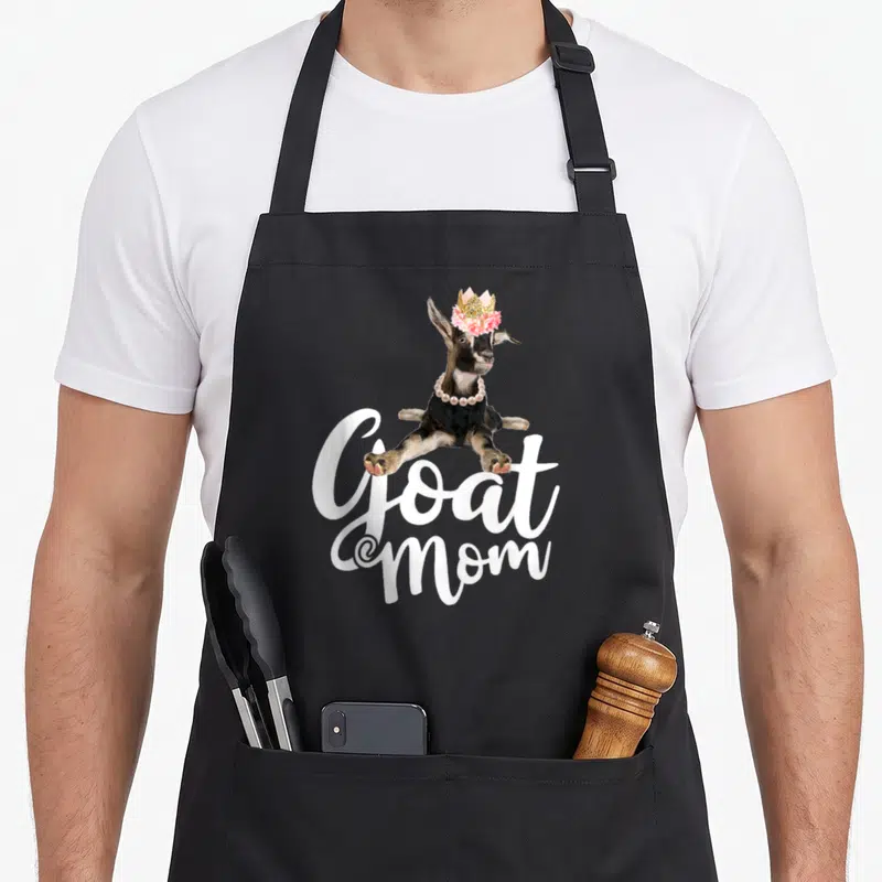 Funny farmer goat aprons - Cartoon goat with crown and pearls above white Goat Mom script text — shown on a black cotton canvas apron against a white background