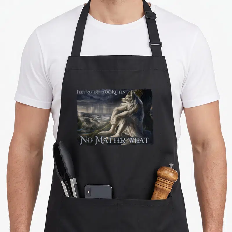 Sitting meme apron - Realistic grey wolf sitting on ocean rocks with text I'll protect you kitten no matter what — shown on a black cotton canvas apron against a white background