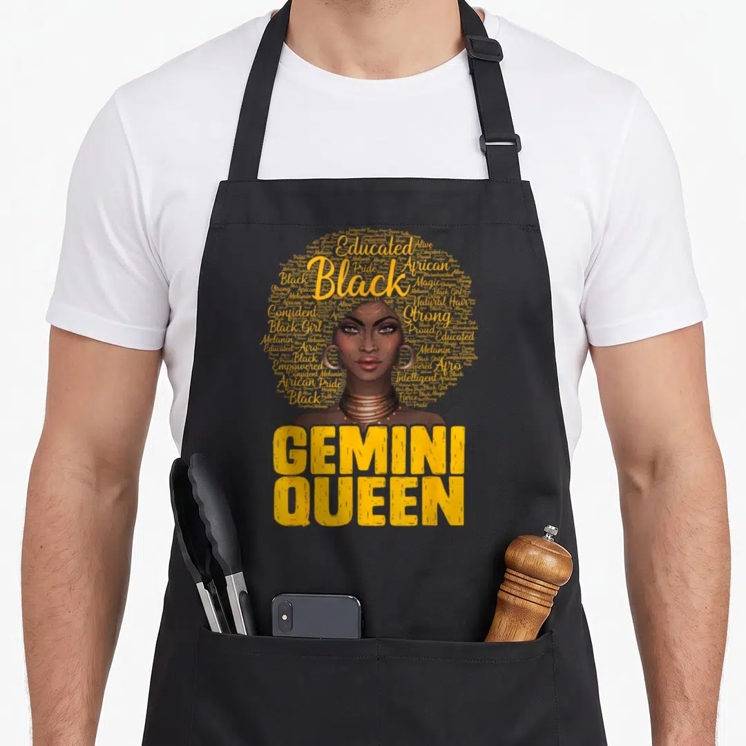 Gemini african american aprons - Realistic Black woman portrait with yellow word cloud afro and GEMINI QUEEN text below — shown on a black cotton canvas apron against a white background