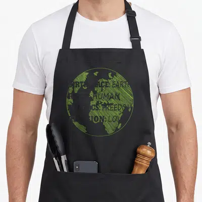Birthplace earth apron - Green Earth sketch with BIRTHPLACE EARTH RACE HUMAN POLITICS FREEDOM LOVE text — shown on a black cotton canvas apron against a white background