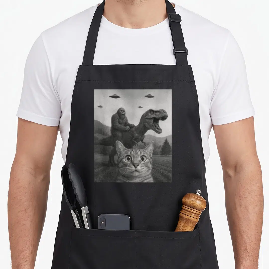 Selfie bigfoot funny cat apron - Grey tabby cat face, Bigfoot riding T-Rex, four UFOs over mountains in photo style — shown on a black cotton canvas apron against a white background