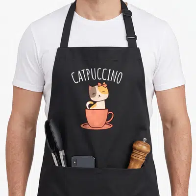 Cappuccino pun cat apron - Cartoon cat sitting in coral cup under white catpuccino text — shown on a black cotton canvas apron against a white background
