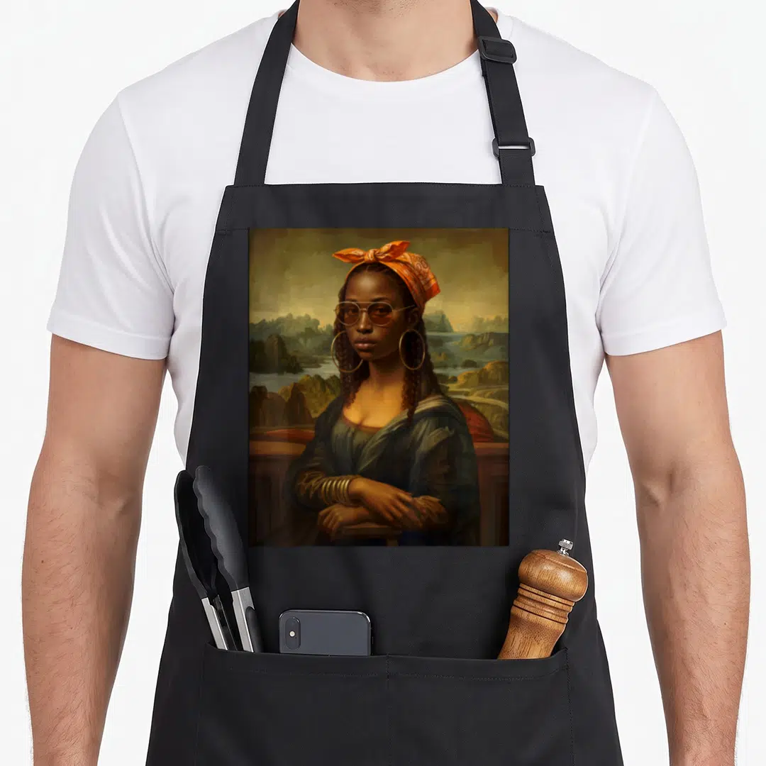 Braid african american aprons - Realistic woman with braids, orange bandana, gold bangles, hoop earrings, mountain — shown on a black cotton canvas apron against a white background
