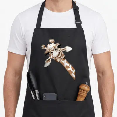 Wildlife giraffe apron - Realistic brown and cream giraffe head drawing with two front pockets — shown on a black cotton canvas apron against a white background