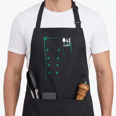 Outfit culinary aprons - Teal chef jacket outline with CHEF text and cutlery in pocket — shown on a black cotton canvas apron against a white background