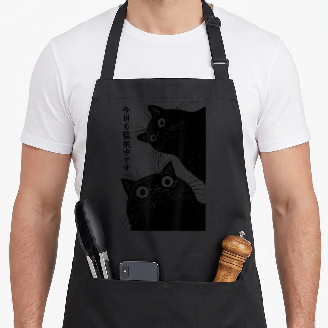 Watching cat apron - Two black cat heads stacked vertically next to vertical Japanese text in line art style — shown on a black cotton canvas apron against a white background