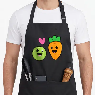 Carrot food aprons - Orange carrot and lime green pea with pink heart cartoon faces — shown on a black cotton canvas apron against a white background