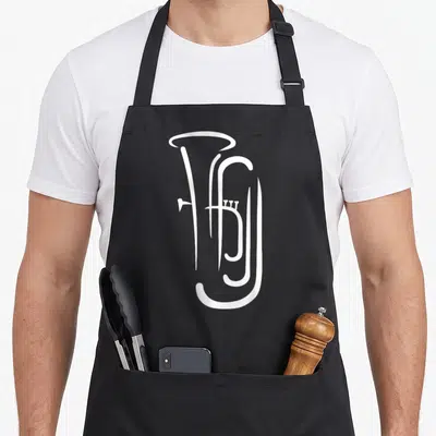 Funny tuba apron - White minimalist tuba silhouette centered on black background — shown on a black cotton canvas apron against a white background