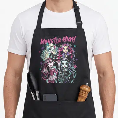 Graduate monster high apron - Four monster high characters below 2010 tour text with scattered stars in pink and teal — shown on a black cotton canvas apron against a white background
