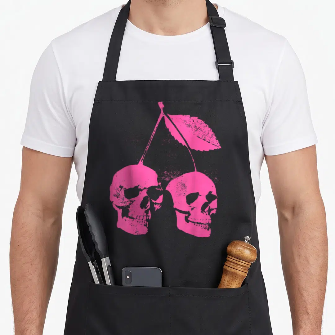Pastel cherry apron - Two pink skulls connected by stems forming a cherry shape with distressed texture — shown on a black cotton canvas apron against a white background