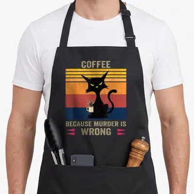 Murder coffee aprons - Retro black cat holding steaming mug against orange blue striped background with sarcastic text — shown on a black cotton canvas apron against a white background