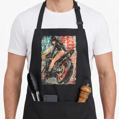 Motorbike motorcycle aprons - Realistic woman in black leather on red motorcycle with RTUZ text on distressed collage — shown on a black cotton canvas apron against a white background