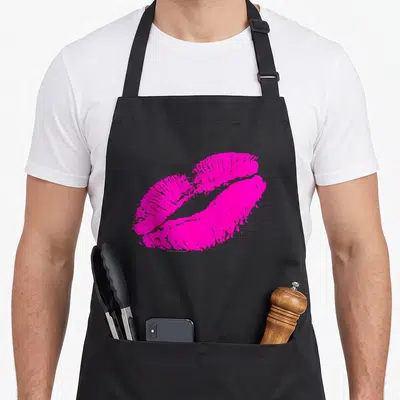 Lip 80s apron - Cartoon pink lipstick kiss mark print on black apron front panel — shown on a black cotton canvas apron against a white background