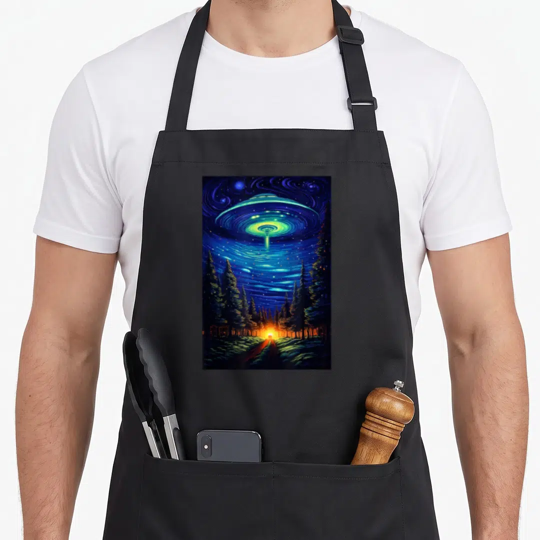 Ufo van gogh apron - Realistic UFO hovering above forest road with car in swirling blue yellow green orange starry — shown on a black cotton canvas apron against a white background