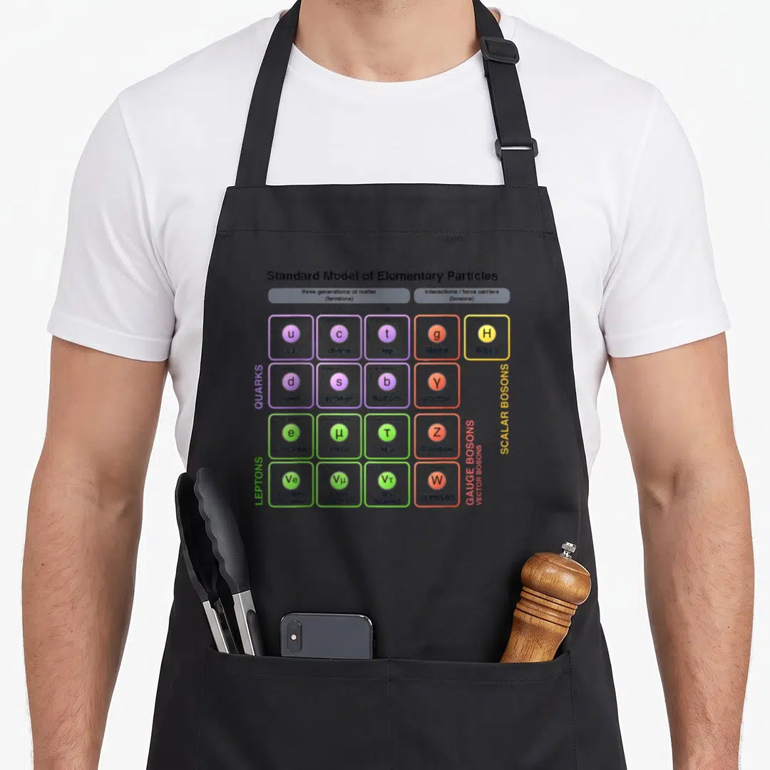 Physic particle apron - Standard Model chart with colored particle circles, mass values, and category labels on grey — shown on a black cotton canvas apron against a white background