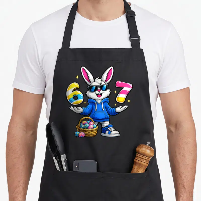 Six basket apron - Cartoon rabbit in blue hoodie holding striped 6 and 7 next to basket of colorful eggs — shown on a black cotton canvas apron against a white background