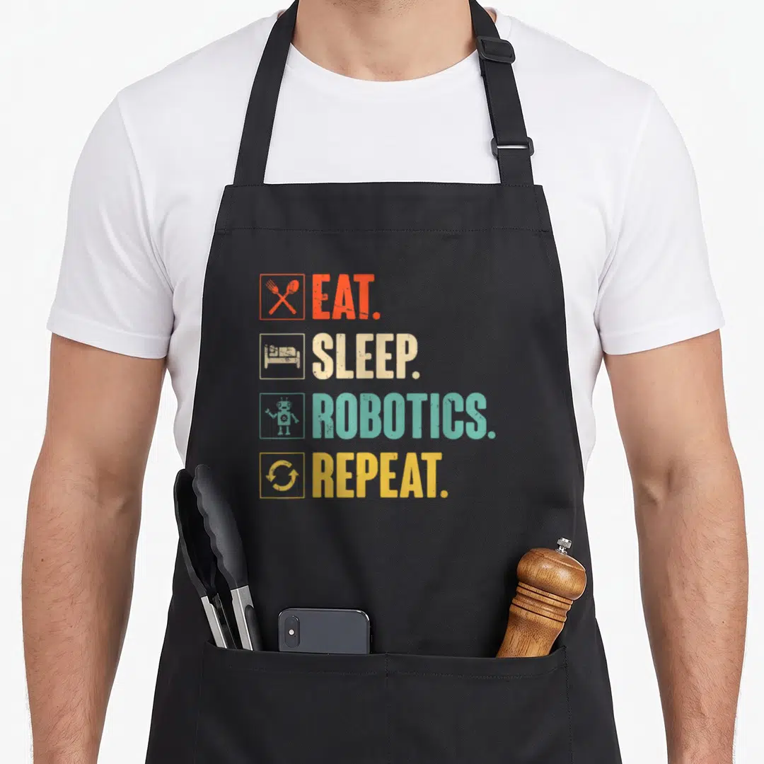 Eat engineer apron - EAT SLEEP ROBOTICS REPEAT text with fork spoon bed robot and repeat icons in orange beige teal — shown on a black cotton canvas apron against a white background