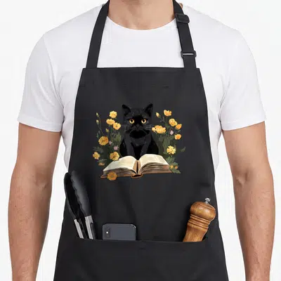 Funny book cat apron - Black cat cartoon sitting behind open book surrounded by yellow flowers and green leaves — shown on a black cotton canvas apron against a white background