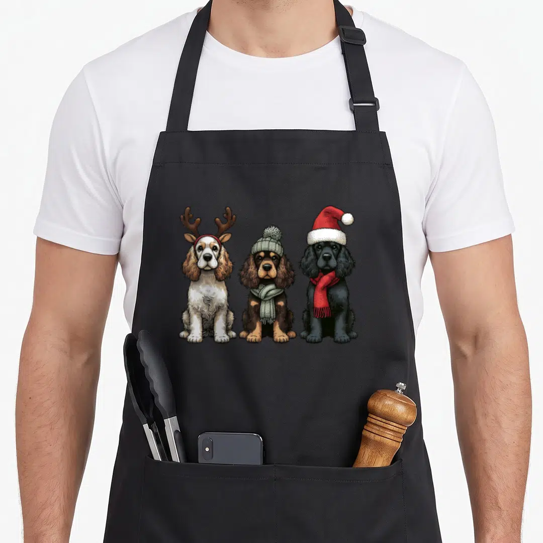 Santa cocker spaniel apron - Three cartoon cocker spaniels sitting in a row wearing reindeer antlers, a grey beanie — shown on a black cotton canvas apron against a white background