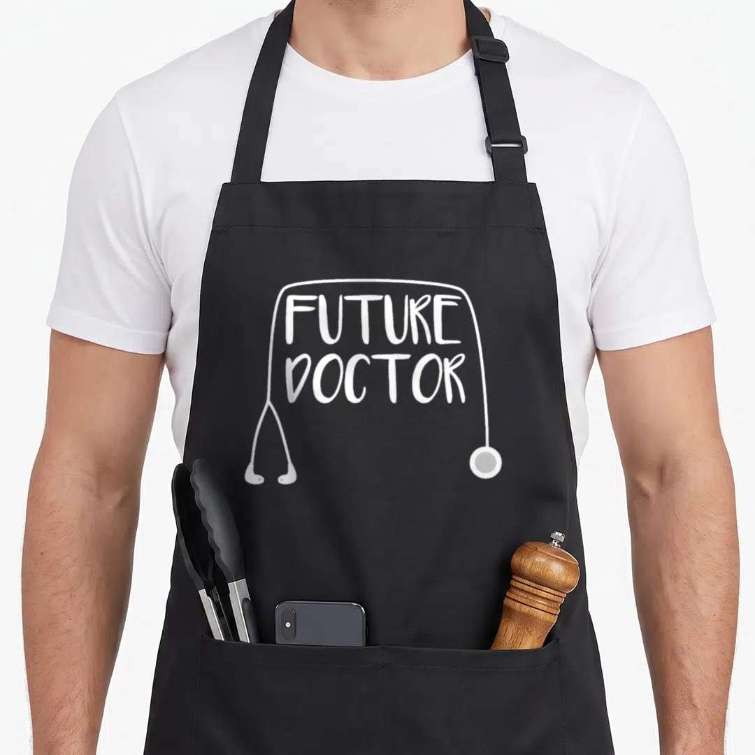 Future doctor apron - White stethoscope tubing frames FUTURE DOCTOR text in minimalist line art — shown on a black cotton canvas apron against a white background