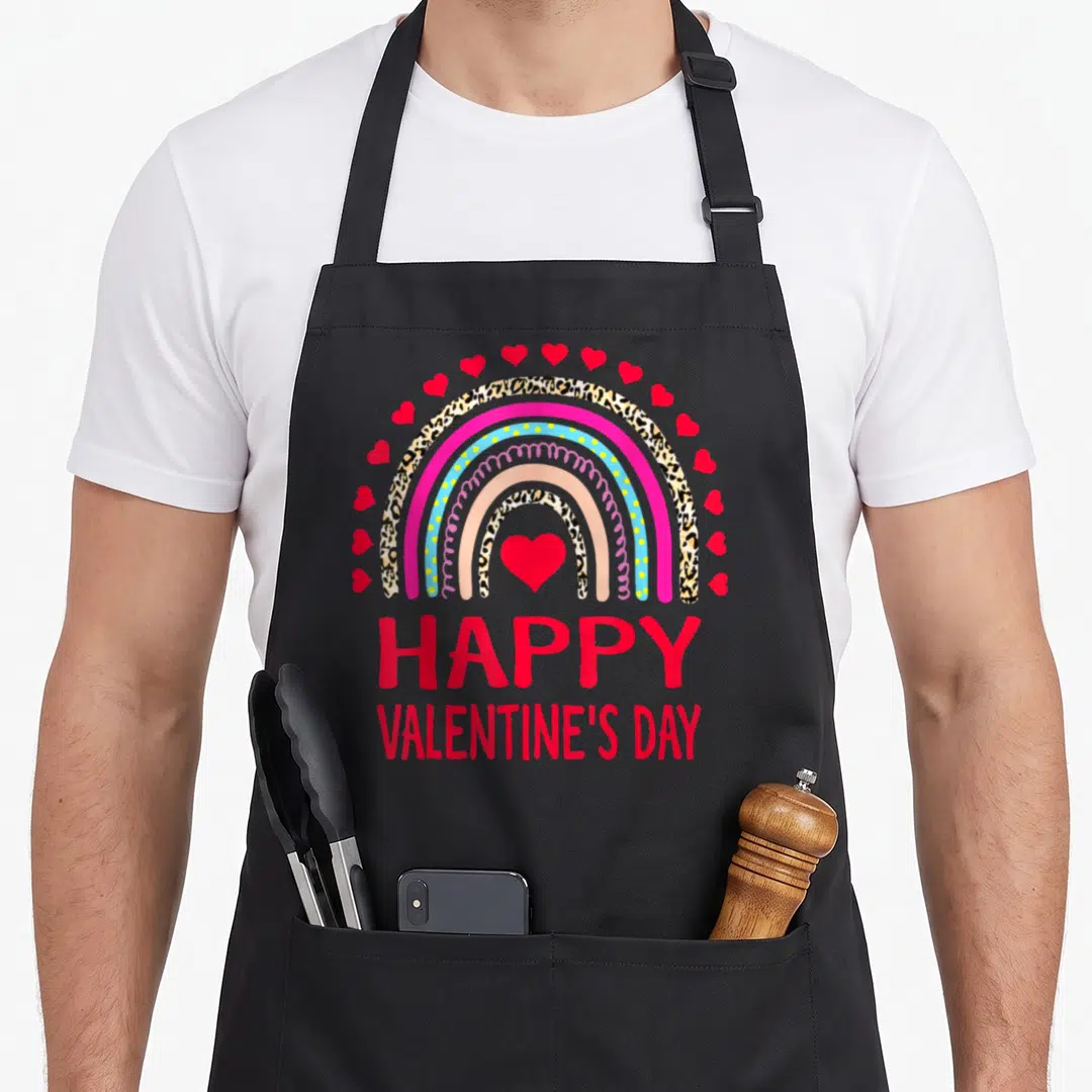 Valentine leopard aprons - Rainbow with leopard bands, red heart, small hearts arch, HAPPY VALENTINE'S DAY text — shown on a black cotton canvas apron against a white background