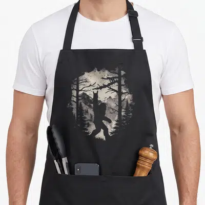 Rock sasquatch bigfoot apron - Grey wolf silhouette inside beige watercolor circle with tree branches — shown on a black cotton canvas apron against a white background