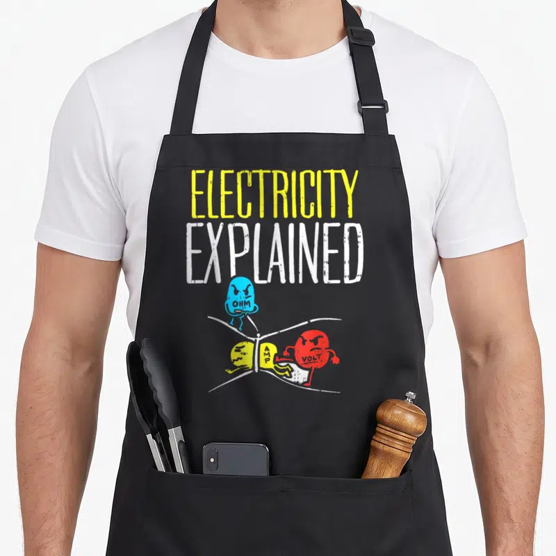 Electrician teacher apron - ELECTRICITY EXPLAINED text above blue OHM, yellow AMP, and red VOLT cartoon characters — shown on a black cotton canvas apron against a white background