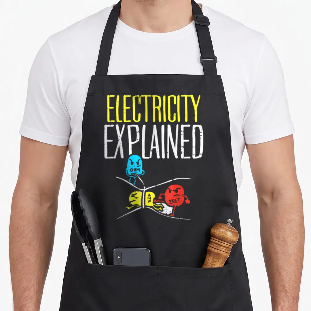 Electrician teacher apron - ELECTRICITY EXPLAINED text above blue OHM, yellow AMP, and red VOLT cartoon characters — shown on a black cotton canvas apron against a white background