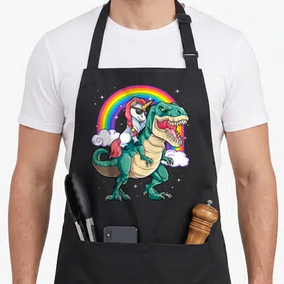 Unicorn dinosaur apron - Teal T-Rex carries white unicorn with pink mane and sunglasses under rainbow arch — shown on a black cotton canvas apron against a white background