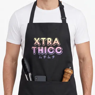 Extra kawaii aprons - XTRA THICC text and Japanese characters in yellow pink purple and light blue — shown on a black cotton canvas apron against a white background