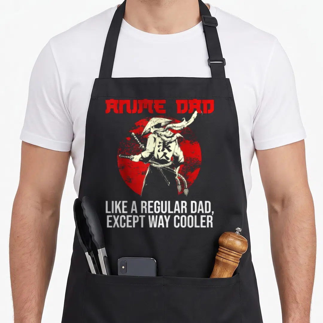 Except anime apron - Cartoon samurai with sword in front of red sun and white text reading Like a Regular Dad Except — shown on a black cotton canvas apron against a white background