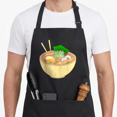 Frog kawaii apron - Cartoon frog in ramen bowl with chopsticks, egg, and narutomaki in pastel colors — shown on a black cotton canvas apron against a white background