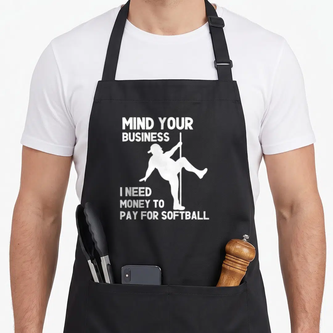 Mind money apron - White silhouette of person on pole with text about money for softball fees — shown on a black cotton canvas apron against a white background