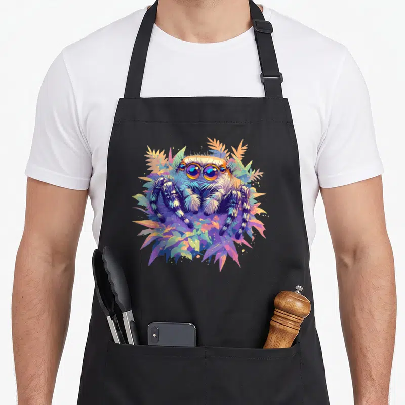 Funny spider jumping apron - Cartoon jumping spider with purple blue orange and green leaves — shown on a black cotton canvas apron against a white background