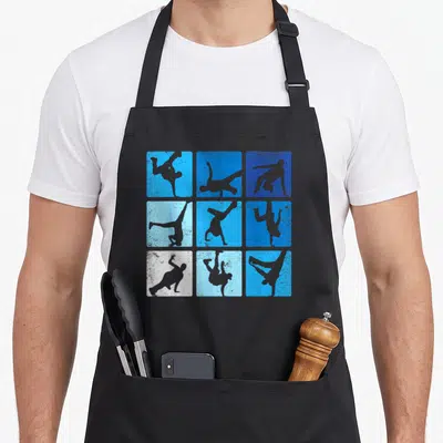Pose hip apron - Nine grey breakdancer silhouettes in blue squares on black apron — shown on a black cotton canvas apron against a white background