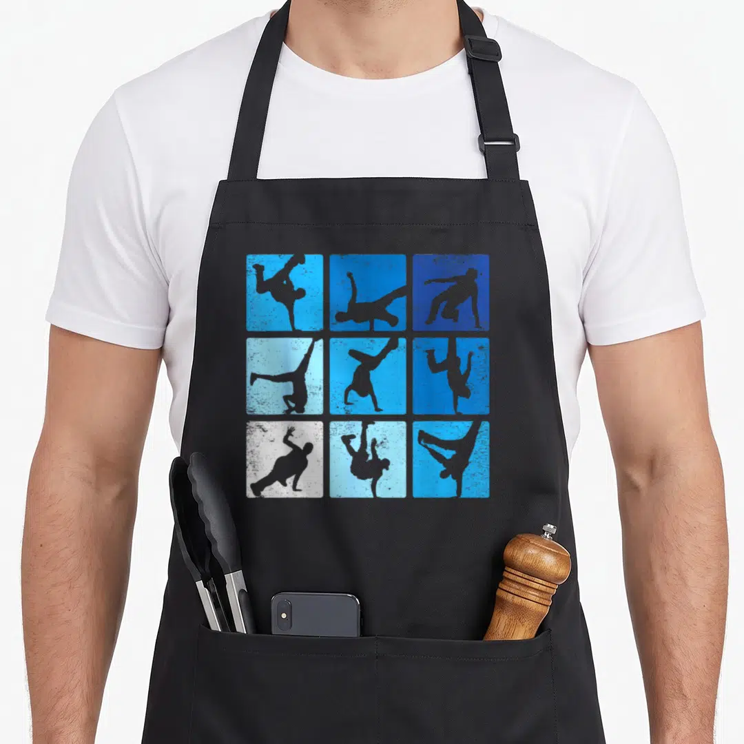 Pose hip apron - Nine grey breakdancer silhouettes in blue squares on black apron — shown on a black cotton canvas apron against a white background