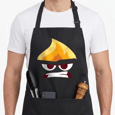 Angry halloween apron - Cartoon face with yellow flame hair, dark red eyes, and jagged white mouth on grey background — shown on a black cotton canvas apron against a white background
