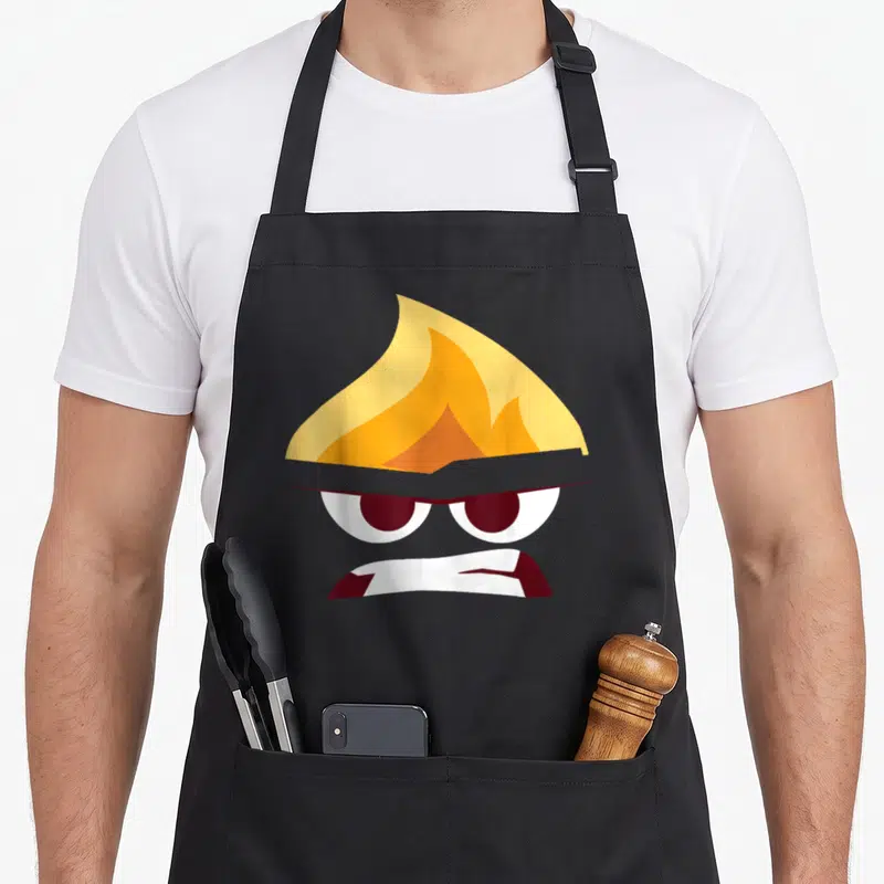 Angry halloween apron - Cartoon face with yellow flame hair, dark red eyes, and jagged white mouth on grey background — shown on a black cotton canvas apron against a white background