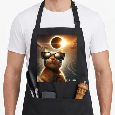 Taking funny cat apron - Orange cat wearing black sunglasses under a yellow solar eclipse with date 4-8-2024 — shown on a black cotton canvas apron against a white background