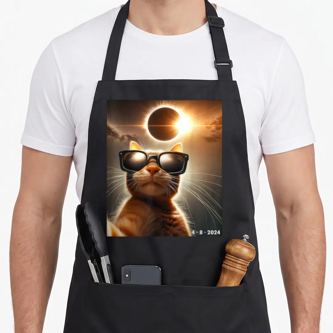 Taking funny cat apron - Orange cat wearing black sunglasses under a yellow solar eclipse with date 4-8-2024 — shown on a black cotton canvas apron against a white background