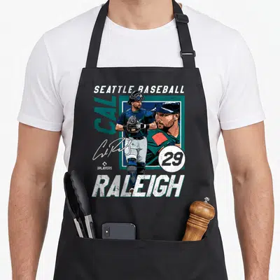 Baseball seattle apron - Cal Raleigh catcher photo with SEATTLE BASEBALL text, number 29, teal white black design — shown on a black cotton canvas apron against a white background