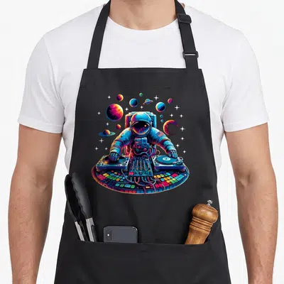 Astronaut djing quotes apron - Cartoon astronaut mixing music among colorful planets and stars in space — shown on a black cotton canvas apron against a white background