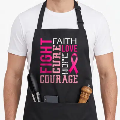 Faith breast cancer awareness aprons - Pink and white typography with FIGHT FAITH CURE LOVE HOPE COURAGE and ribbon — shown on a black cotton canvas apron against a white background