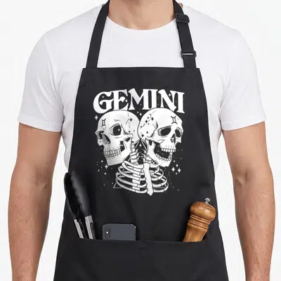 Gemini witch apron - White line art of two skulls facing a ribcage under arched GEMINI text with stars — shown on a black cotton canvas apron against a white background