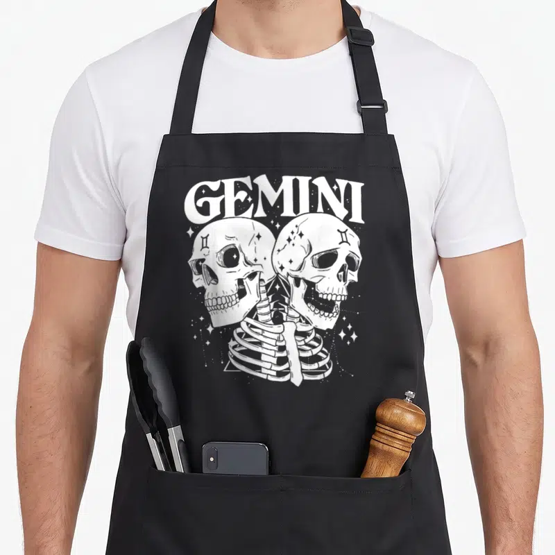 Gemini witch apron - White line art of two skulls facing a ribcage under arched GEMINI text with stars — shown on a black cotton canvas apron against a white background