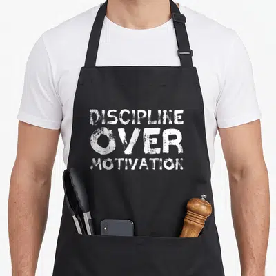 Gym discipline apron - White distressed text reading DISCIPLINE OVER MOTIVATION stacked in three lines — shown on a black cotton canvas apron against a white background