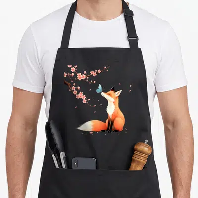 Tree cherry apron - Cartoon fox touching blue butterfly under pink cherry blossom branch with scattered petals — shown on a black cotton canvas apron against a white background