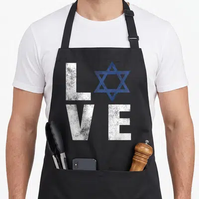 Star jewish aprons - Blue Star of David replaces O in distressed white LOVE text on black background — shown on a black cotton canvas apron against a white background