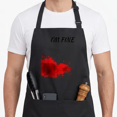 Fine bloody apron - I'M FINE text above irregular red splatter on black background — shown on a black cotton canvas apron against a white background