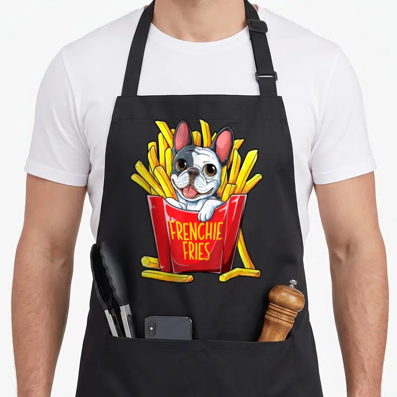 Fry french bulldog apron - Cartoon french bulldog inside red fry box with yellow fries and FRENCHIE FRIES text — shown on a black cotton canvas apron against a white background
